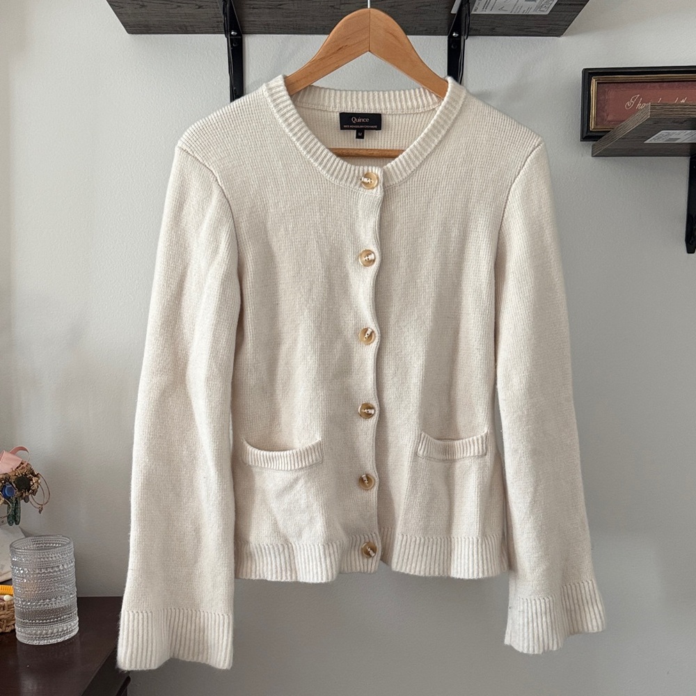Quince Cashmere Cream Crewneck Button-Up Cardigan with Gold Buttons size Medium